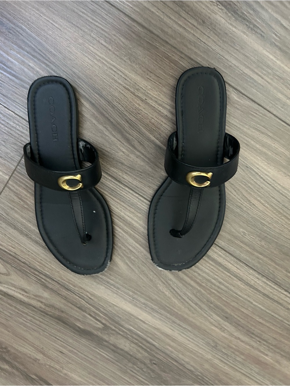 Coach Black Leather Toe-Post Sandals with Gold C Accent